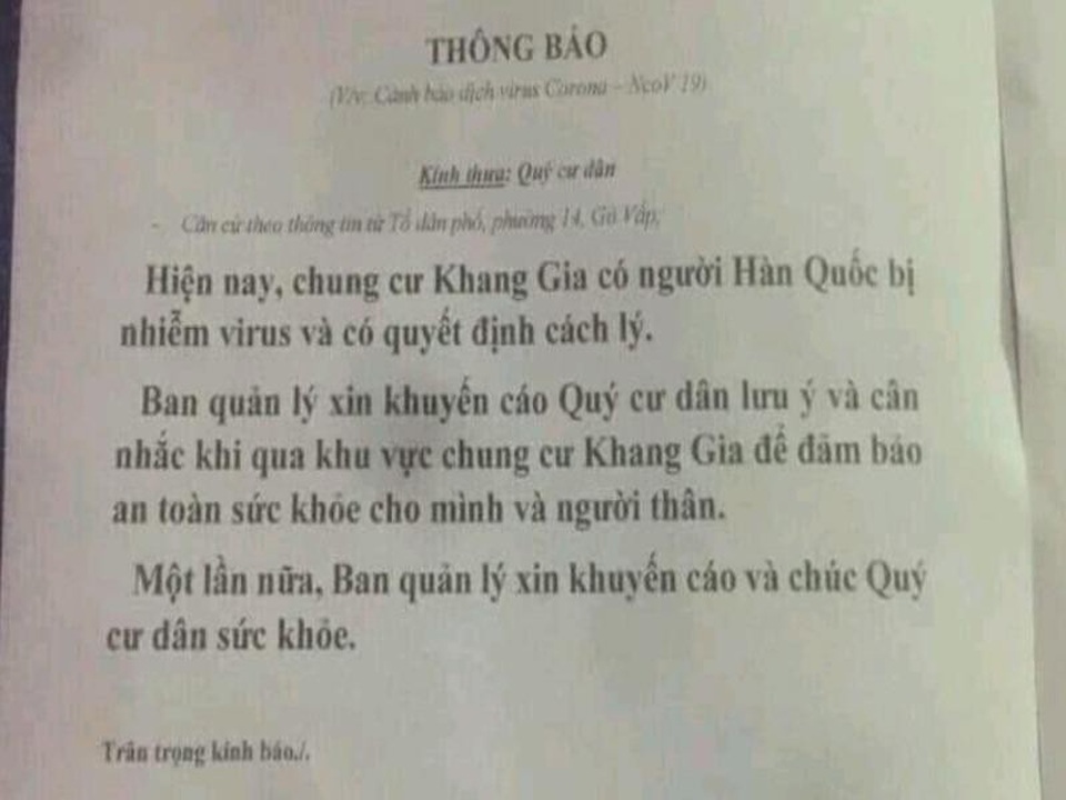 Cả chung cư hoảng loạn vì thông báo nhầm có người Hàn Quốc mắc Covid - 19 - 1 Cả chung cư hoảng loạn vì thông báo nhầm có người Hàn Quốc mắc Covid - 19 - 1