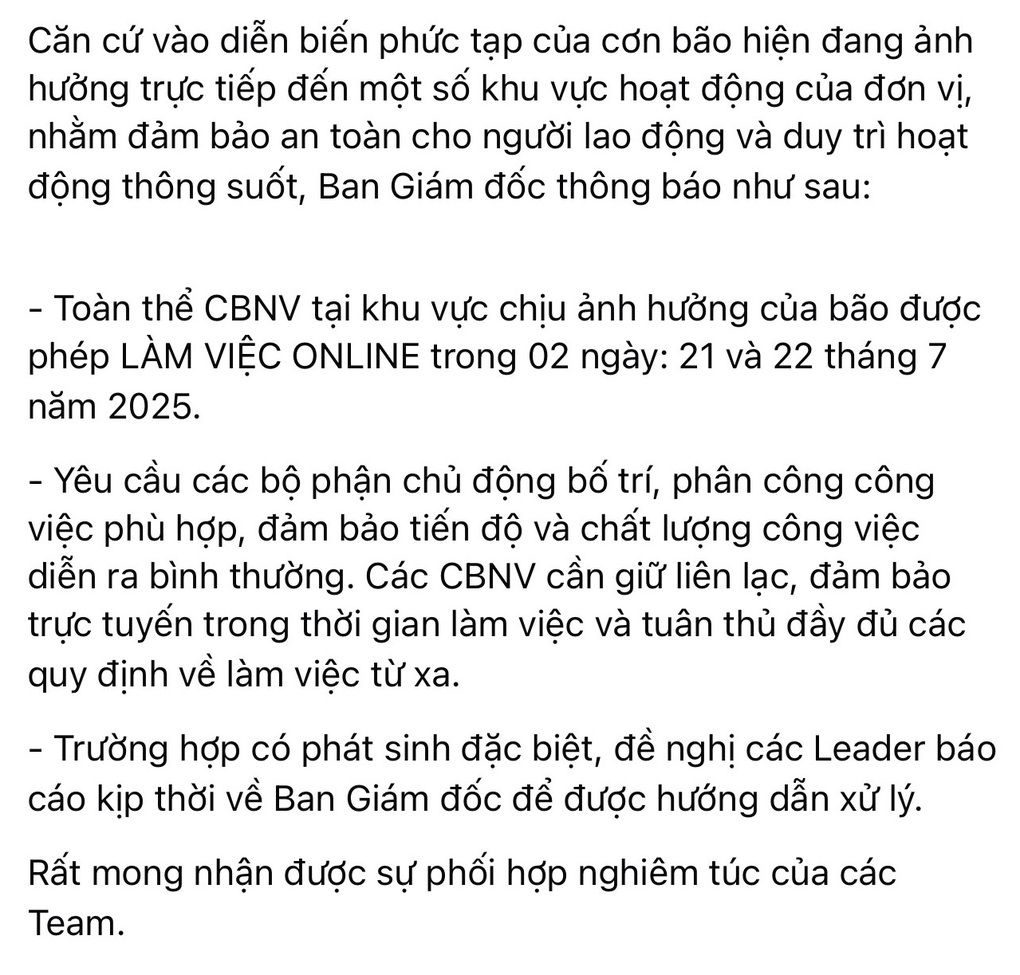 Nhiều công ty kích hoạt làm việc online trong 2 ngày để tránh bão Wipha - 2 Nhiều công ty kích hoạt làm việc online trong 2 ngày để tránh bão Wipha - 2