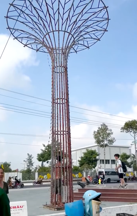 Thanh niên leo vào cột đèn 10m không chịu ra, cảnh sát mang cưa giải cứu - 1