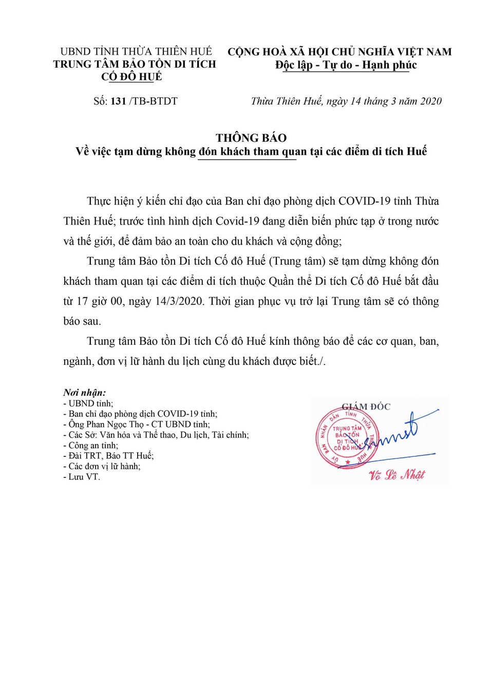 Huế đóng cửa các di tích, tạm dừng đón khách tham quan từ 14/3 - 2 Huế đóng cửa các di tích, tạm dừng đón khách tham quan từ 14/3 - 2