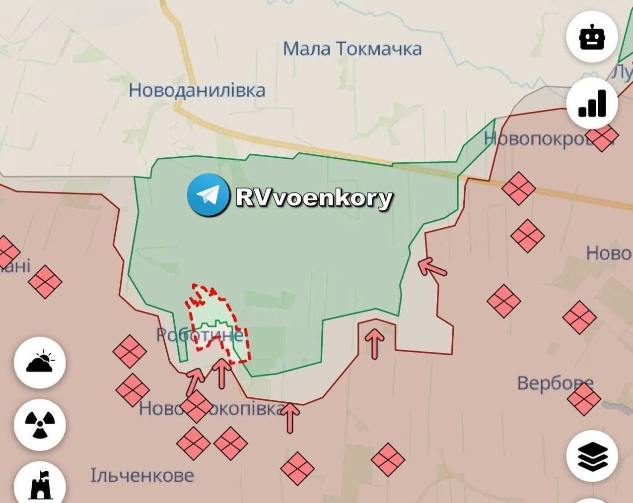 Bản đồ chiến sự Ukraine tại Zaporizhia ngày 14/4. Trong đó, Nga kiểm soát phần màu hồng, các mũi tên đỏ thể hiện hướng tấn công của họ, khu vực bao quanh bởi nét đứt màu đỏ là làng Rabotine (Ảnh: Deep State).